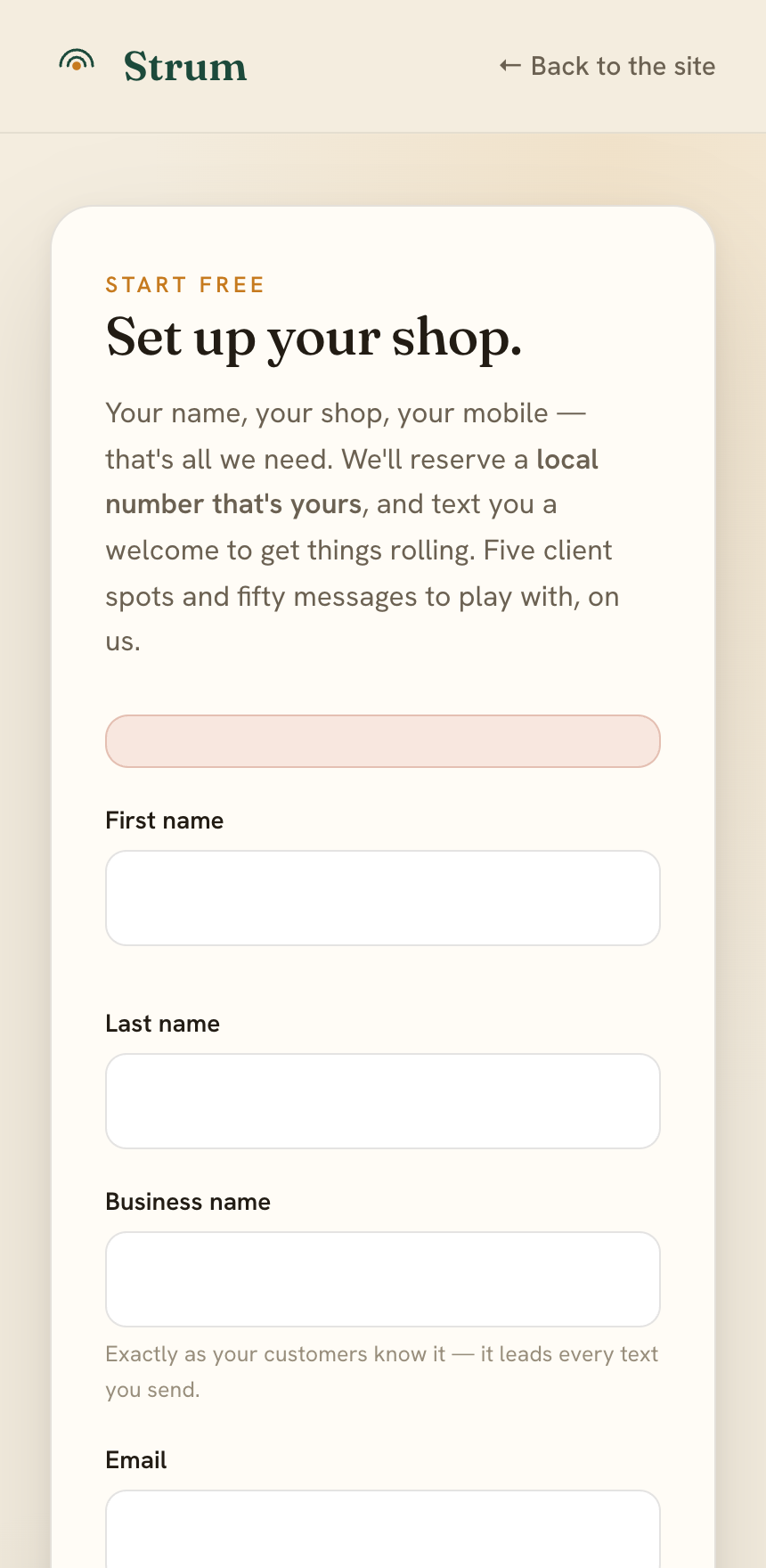 The Strum signup form — name, business, email, mobile
